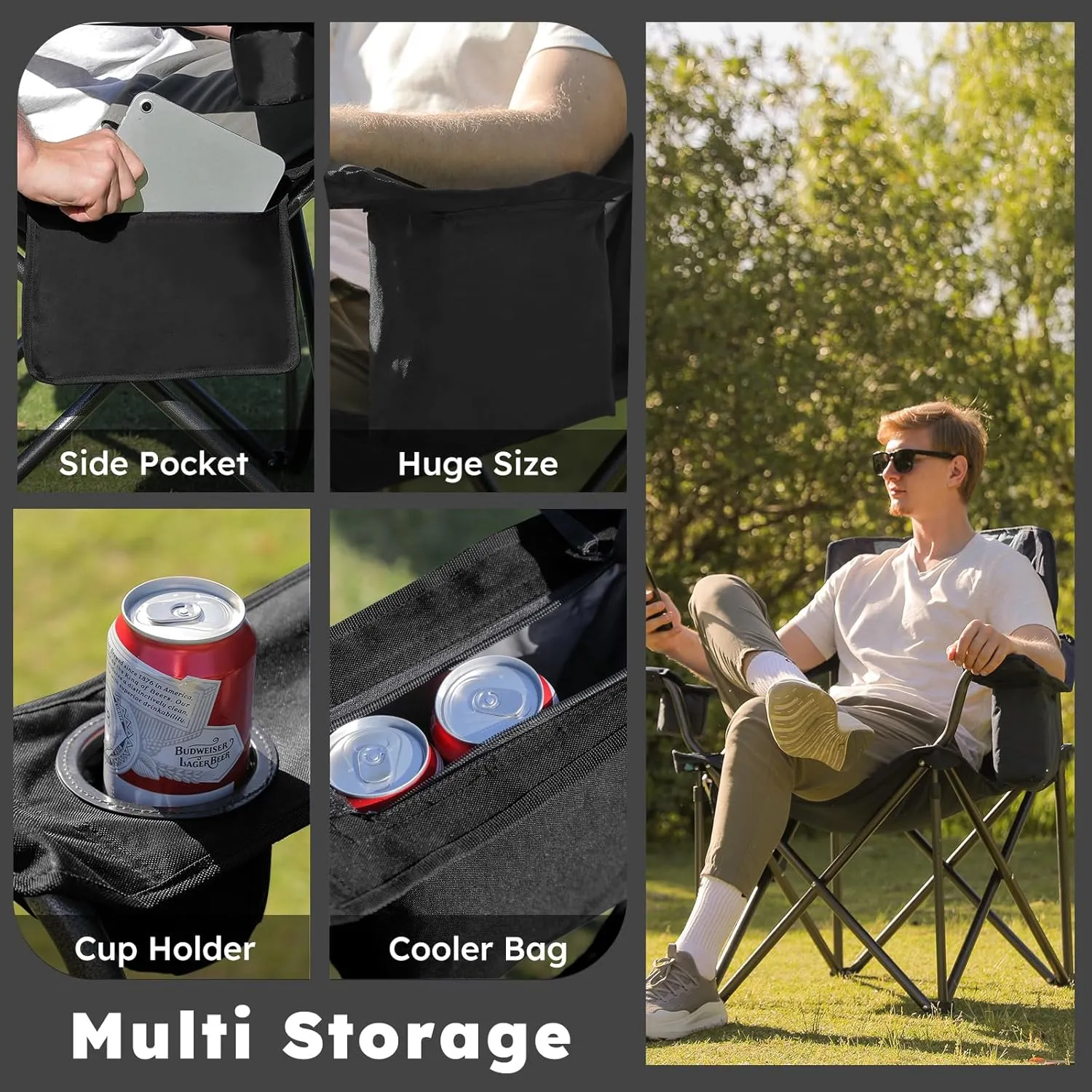 Oversized Folding Camping Chairs - 450 LBS Support Heavy Duty Camp Chair with Padded Cushion, Portable Outside Chairs with Carry Bag，Cooler, Cup Holder for Outdoor, Lawn, Sports - Black