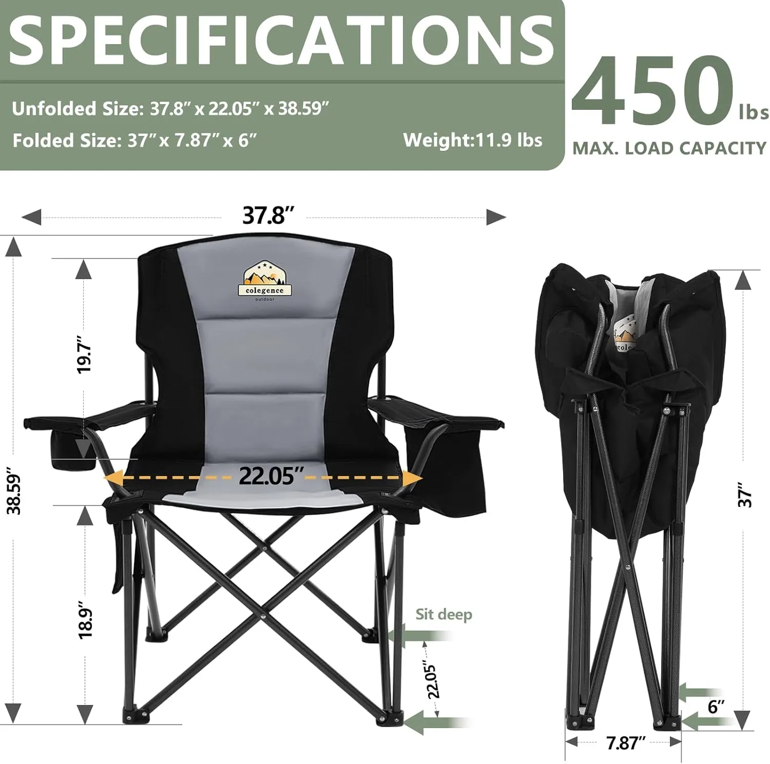 Oversized Folding Camping Chairs - 450 LBS Support Heavy Duty Camp Chair with Padded Cushion, Portable Outside Chairs with Carry Bag，Cooler, Cup Holder for Outdoor, Lawn, Sports - Black