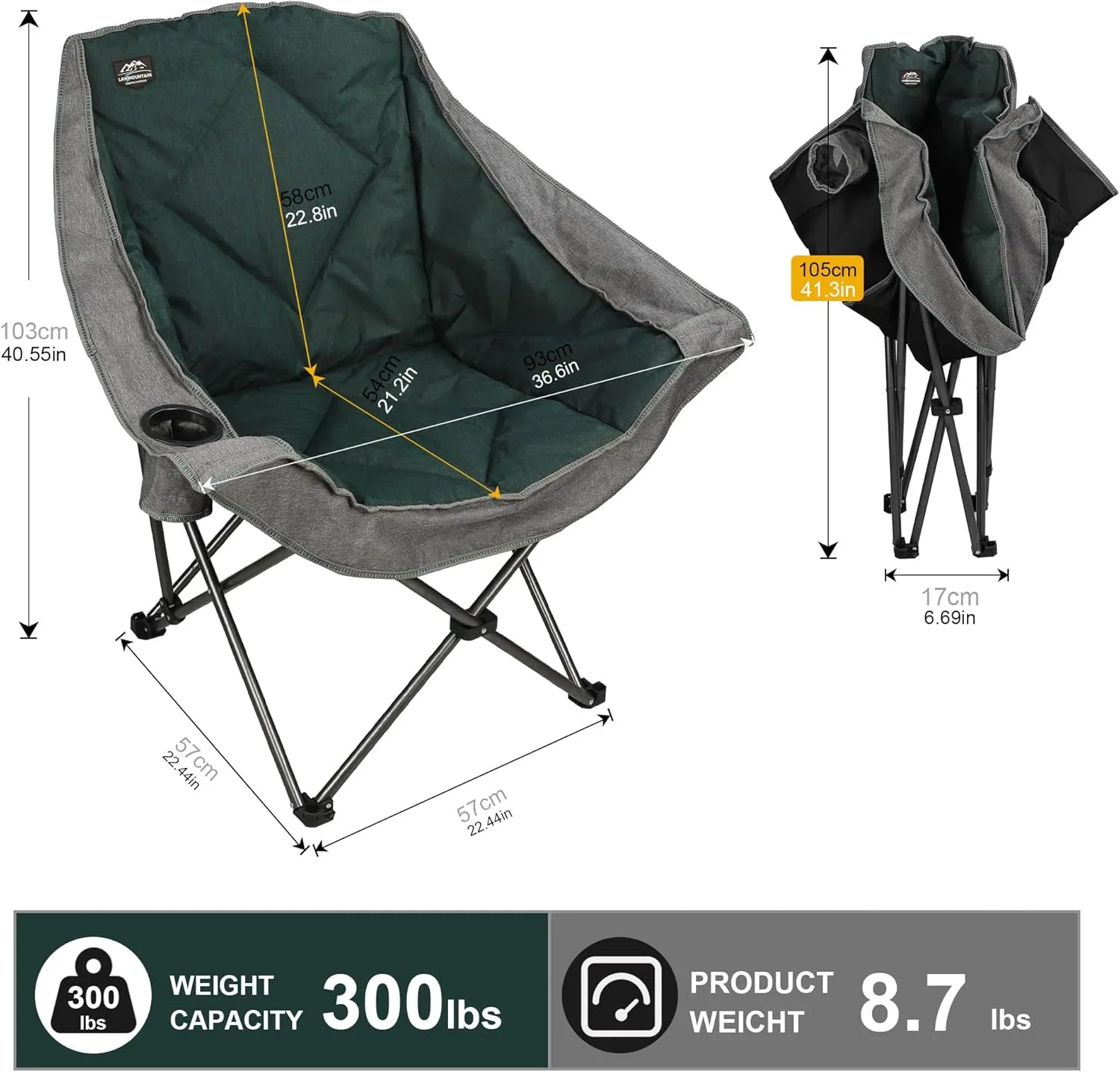 Oversized Folding Camping Chairs,Portable Heavy Duty Outdoor Padded Lawn Chair w/Cup Holder Perfect for Adults Picnic,Parties,Picnics and Beach Trips,Grey