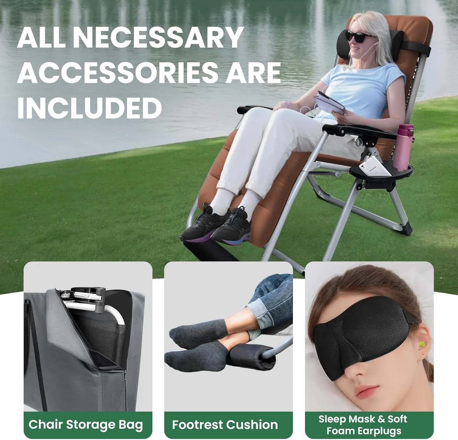 Oversized Zero Gravity Chair, XL lounge Chair 29” Width, Padded Reclining Camping Chair W/Removable Cushion & Adj Headrest, Storage Bag, Footrest Cushion, Cup Holder, For Indoor Outdoor, Brown