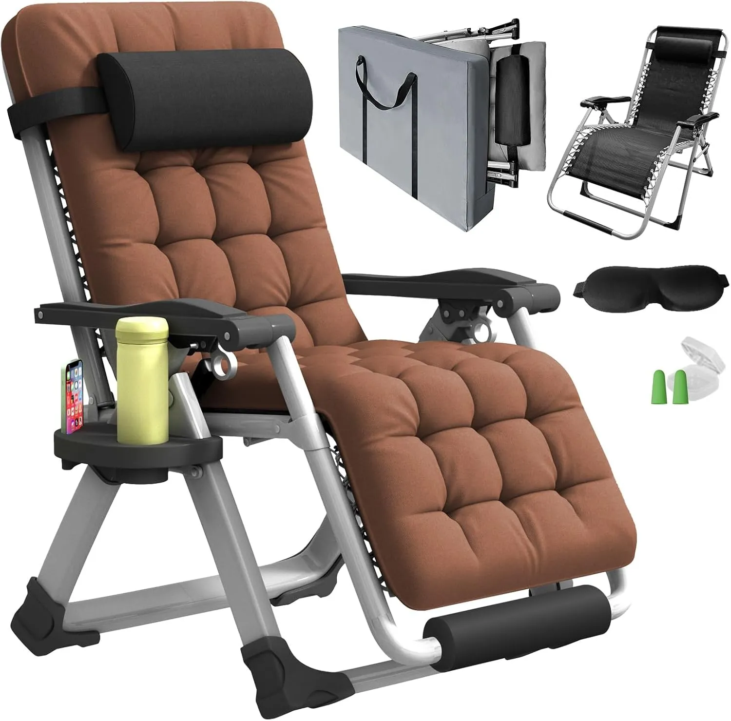 Oversized Zero Gravity Chair, XL lounge Chair 29” Width, Padded Reclining Camping Chair W/Removable Cushion & Adj Headrest, Storage Bag, Footrest Cushion, Cup Holder, For Indoor Outdoor, Brown