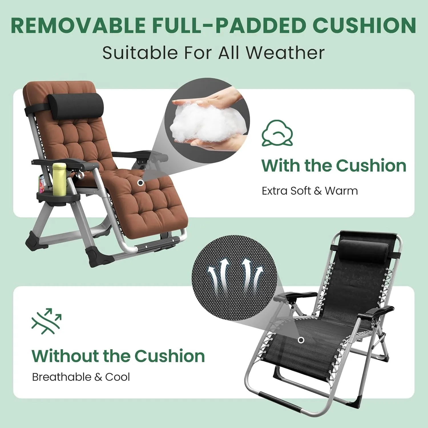 Oversized Zero Gravity Chair, XL lounge Chair 29” Width, Padded Reclining Camping Chair W/Removable Cushion & Adj Headrest, Storage Bag, Footrest Cushion, Cup Holder, For Indoor Outdoor, Brown