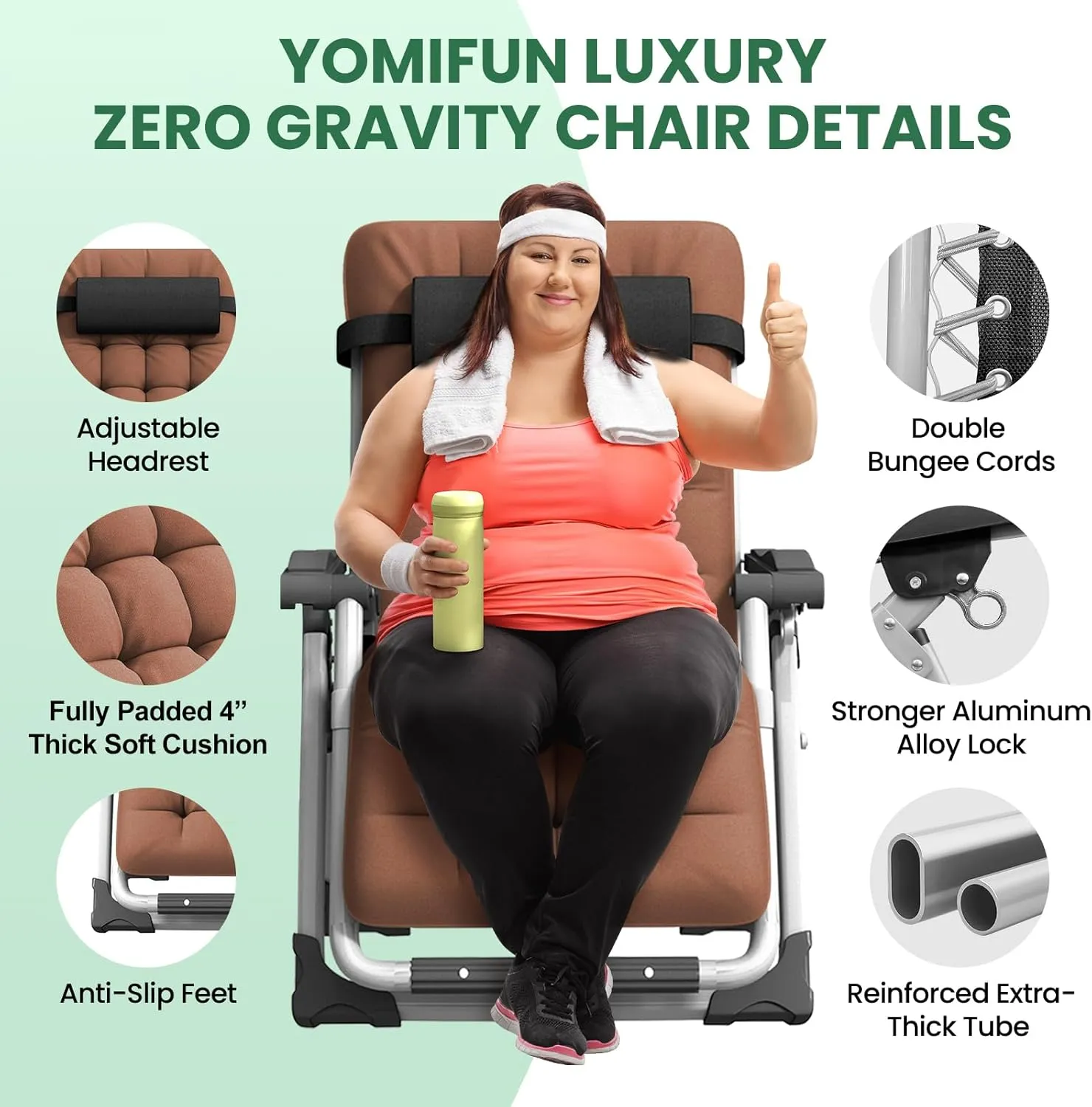 Oversized Zero Gravity Chair, XL lounge Chair 29” Width, Padded Reclining Camping Chair W/Removable Cushion & Adj Headrest, Storage Bag, Footrest Cushion, Cup Holder, For Indoor Outdoor, Brown