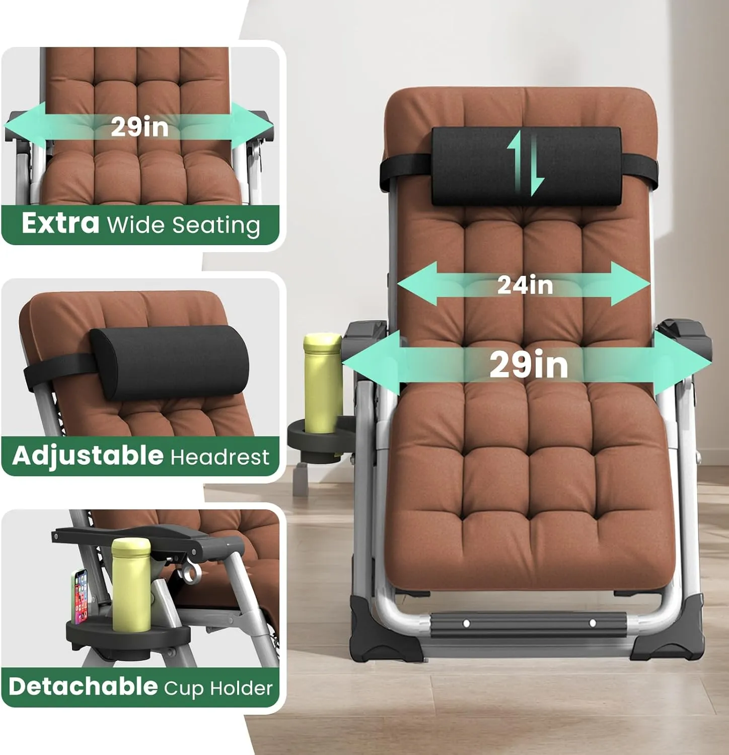 Oversized Zero Gravity Chair, XL lounge Chair 29” Width, Padded Reclining Camping Chair W/Removable Cushion & Adj Headrest, Storage Bag, Footrest Cushion, Cup Holder, For Indoor Outdoor, Brown
