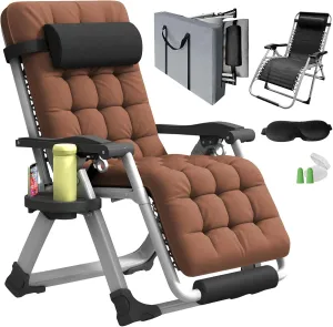 Oversized Zero Gravity Chair, XL lounge Chair 29” Width, Padded Reclining Camping Chair W/Removable Cushion & Adj Headrest, Storage Bag, Footrest Cushion, Cup Holder, For Indoor Outdoor, Brown