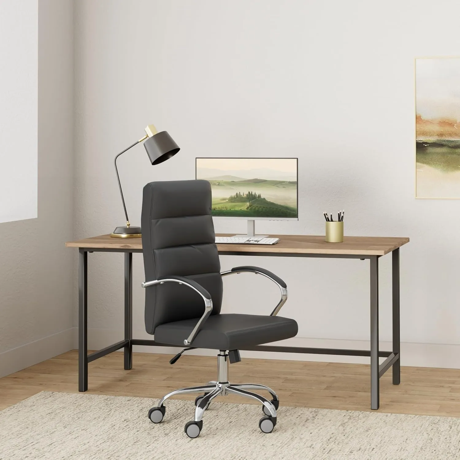 Padded Armrests and Chrome Base Fixed Back Leather Office Chair, 42.13”-45.28”, Black