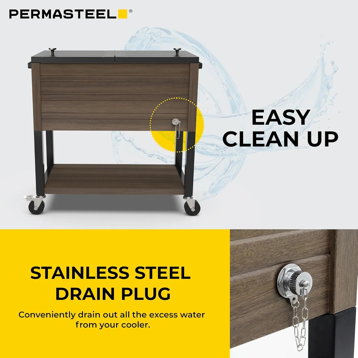 Permasteel 80-Quart Rolling Patio Cooler with Wood Grain Finish – Outdoor Beverage Cooler with Wheels & Insulated Ice Chest for Backyard, Deck, and Poolside Parties – Brown