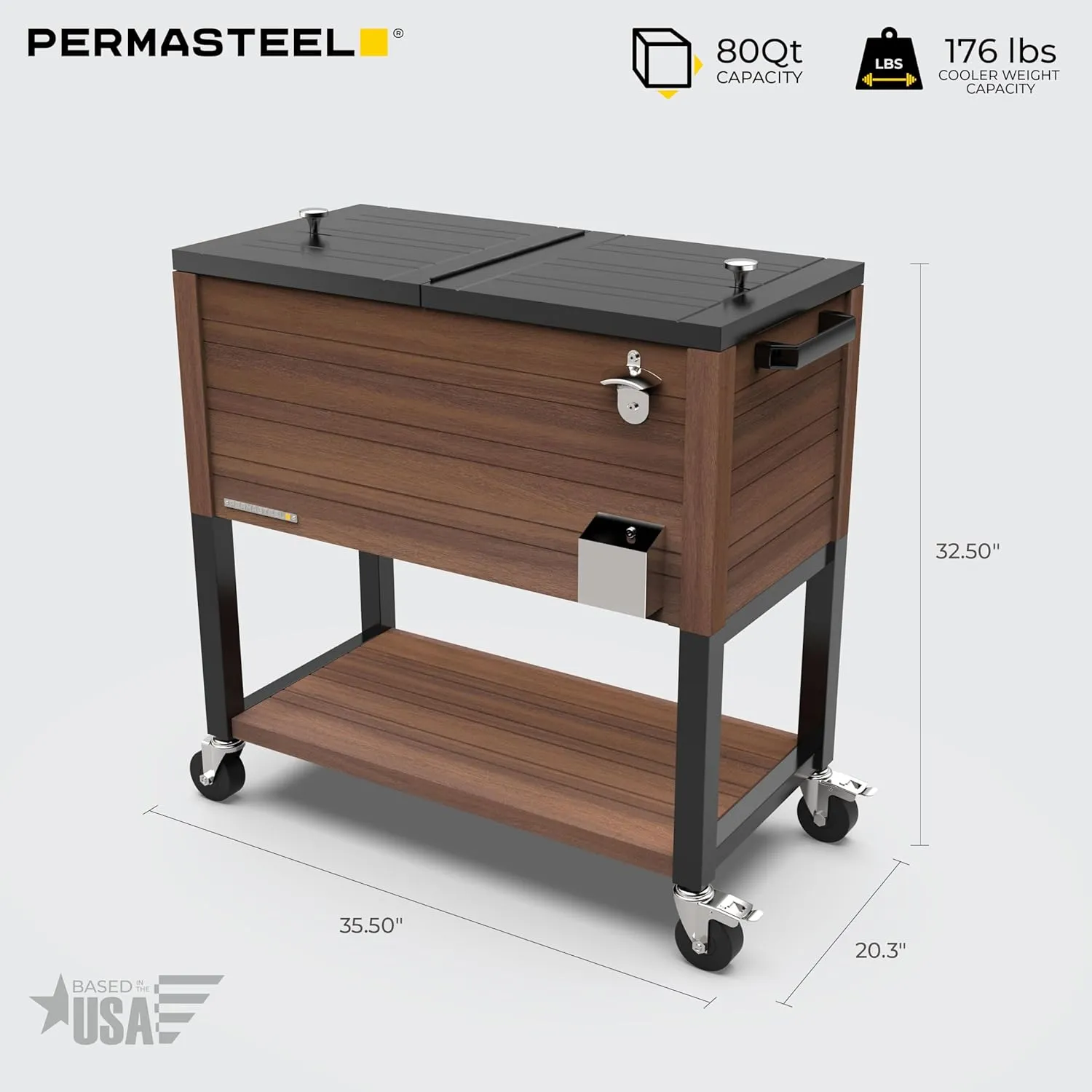 Permasteel 80-Quart Rolling Patio Cooler with Wood Grain Finish – Outdoor Beverage Cooler with Wheels & Insulated Ice Chest for Backyard, Deck, and Poolside Parties – Brown