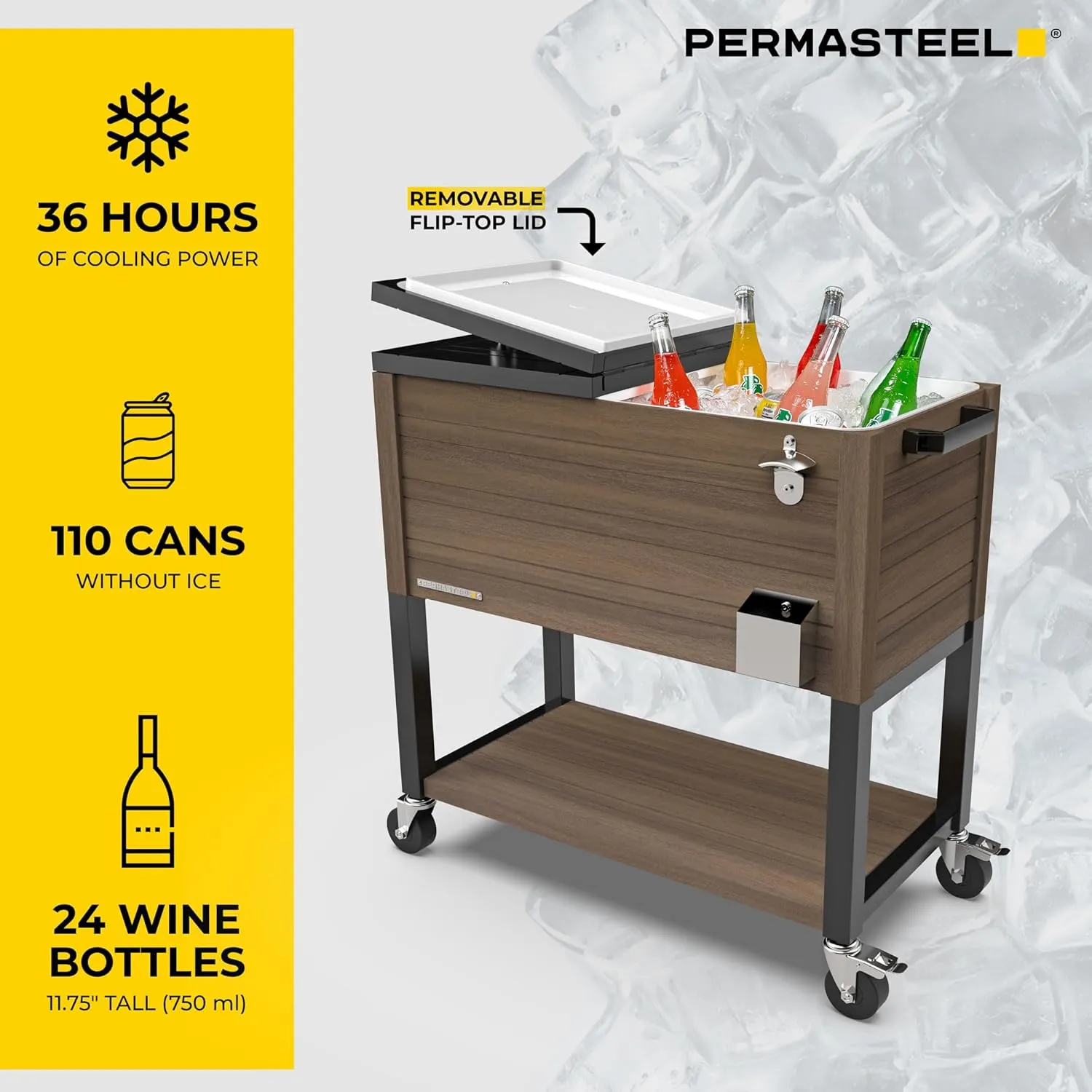 Permasteel 80-Quart Rolling Patio Cooler with Wood Grain Finish – Outdoor Beverage Cooler with Wheels & Insulated Ice Chest for Backyard, Deck, and Poolside Parties – Brown