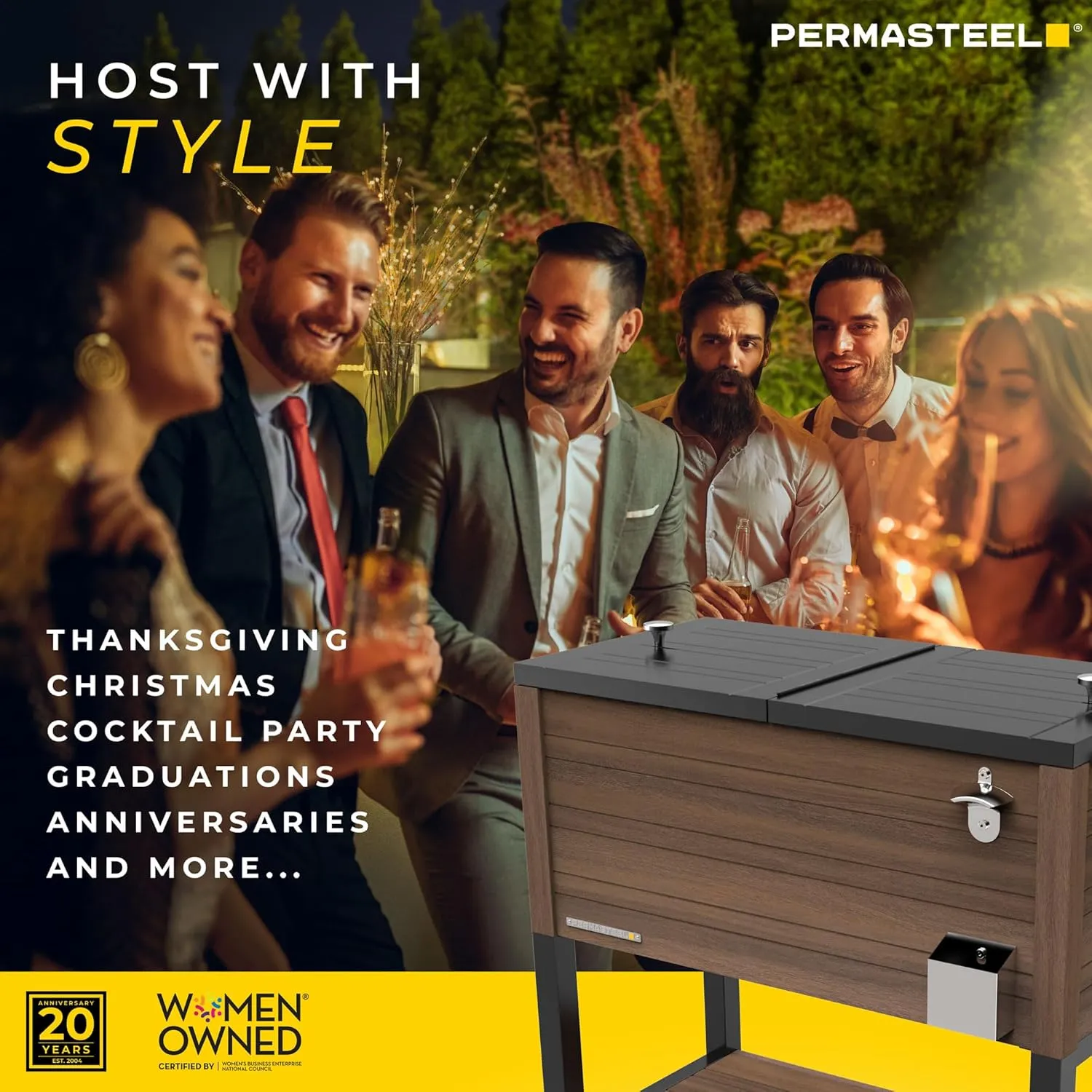 Permasteel 80-Quart Rolling Patio Cooler with Wood Grain Finish – Outdoor Beverage Cooler with Wheels & Insulated Ice Chest for Backyard, Deck, and Poolside Parties – Brown