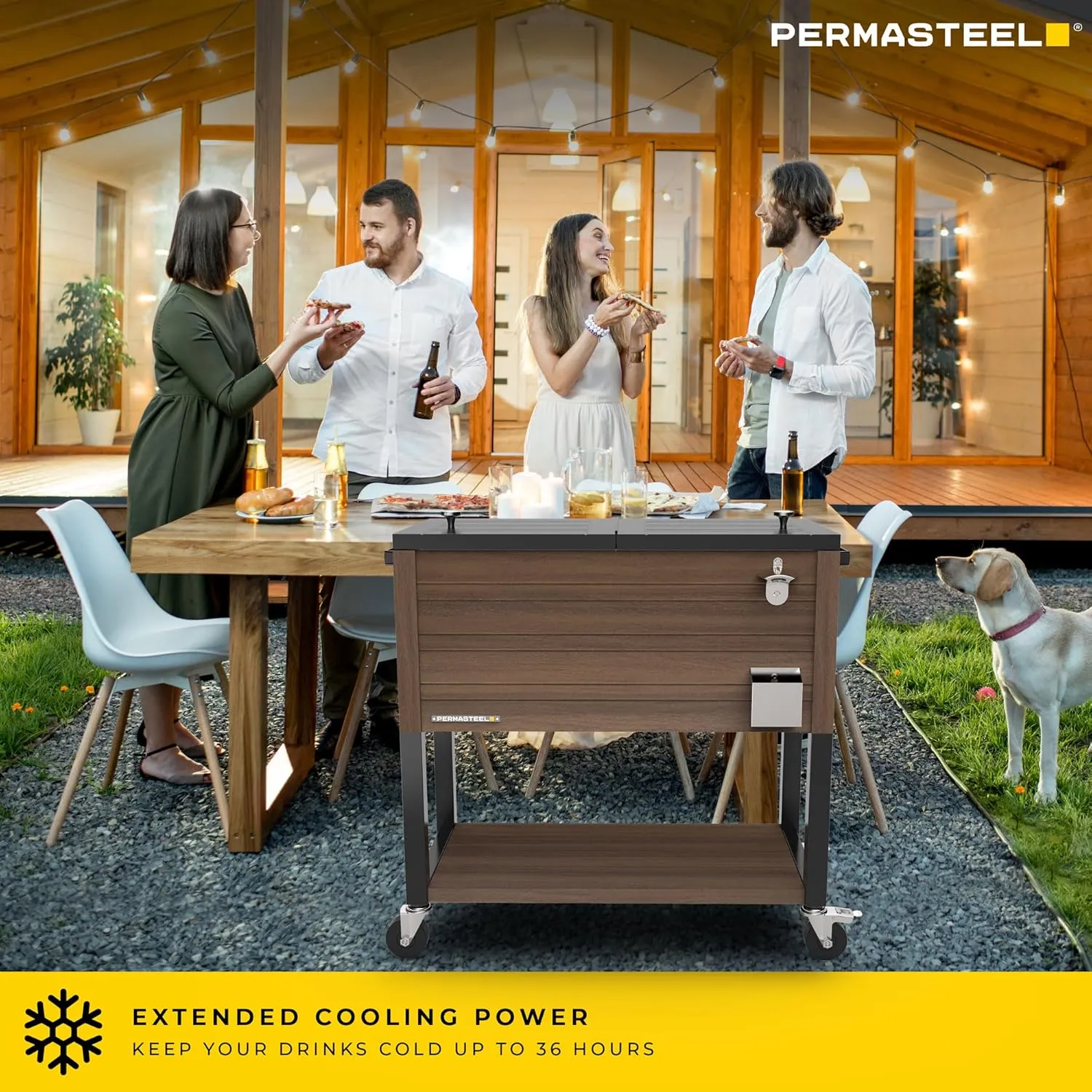 Permasteel 80-Quart Rolling Patio Cooler with Wood Grain Finish – Outdoor Beverage Cooler with Wheels & Insulated Ice Chest for Backyard, Deck, and Poolside Parties – Brown