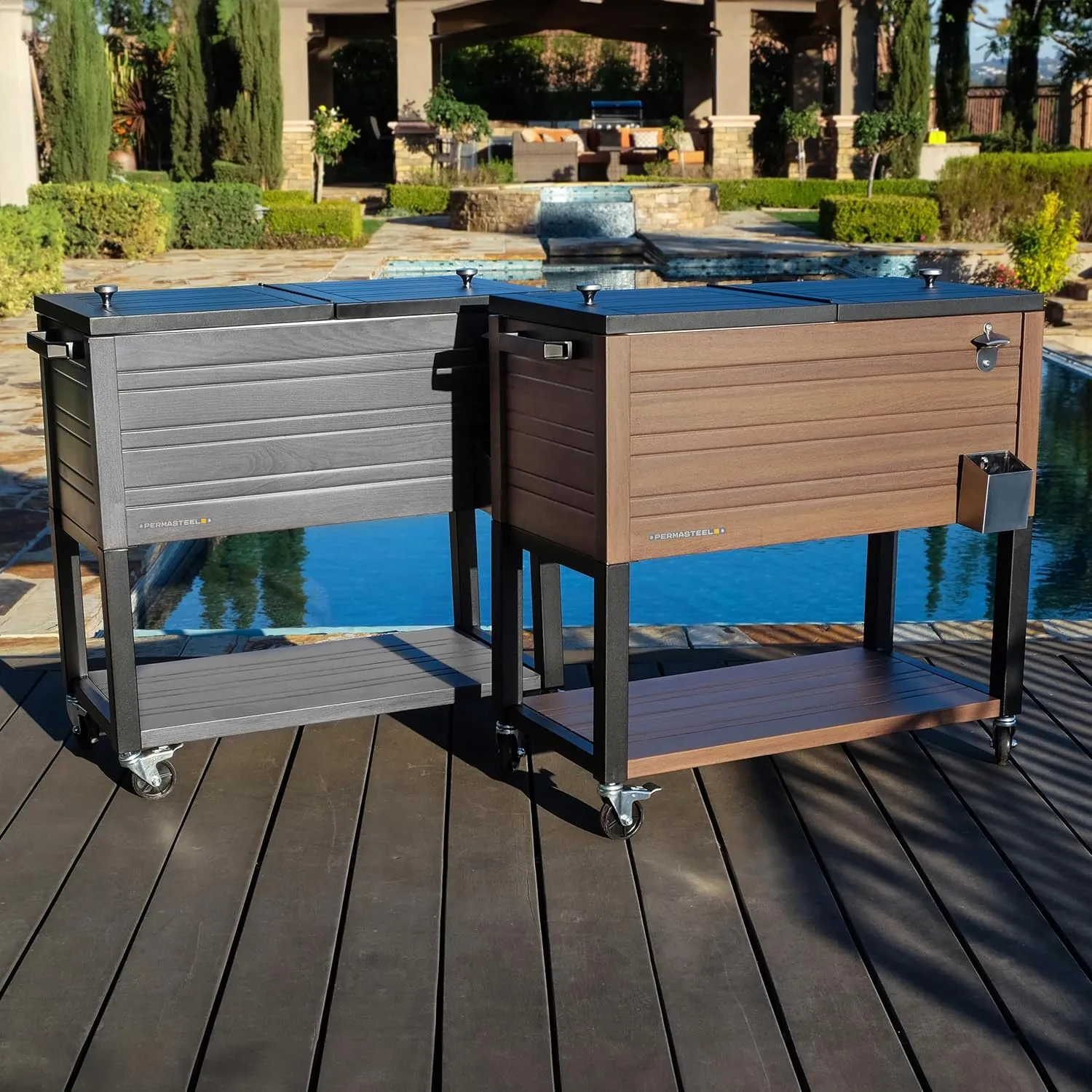 Permasteel 80-Quart Rolling Patio Cooler with Wood Grain Finish – Outdoor Beverage Cooler with Wheels & Insulated Ice Chest for Backyard, Deck, and Poolside Parties – Brown