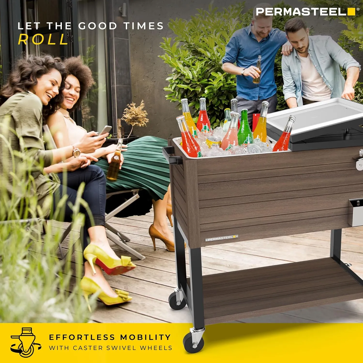Permasteel 80-Quart Rolling Patio Cooler with Wood Grain Finish – Outdoor Beverage Cooler with Wheels & Insulated Ice Chest for Backyard, Deck, and Poolside Parties – Brown