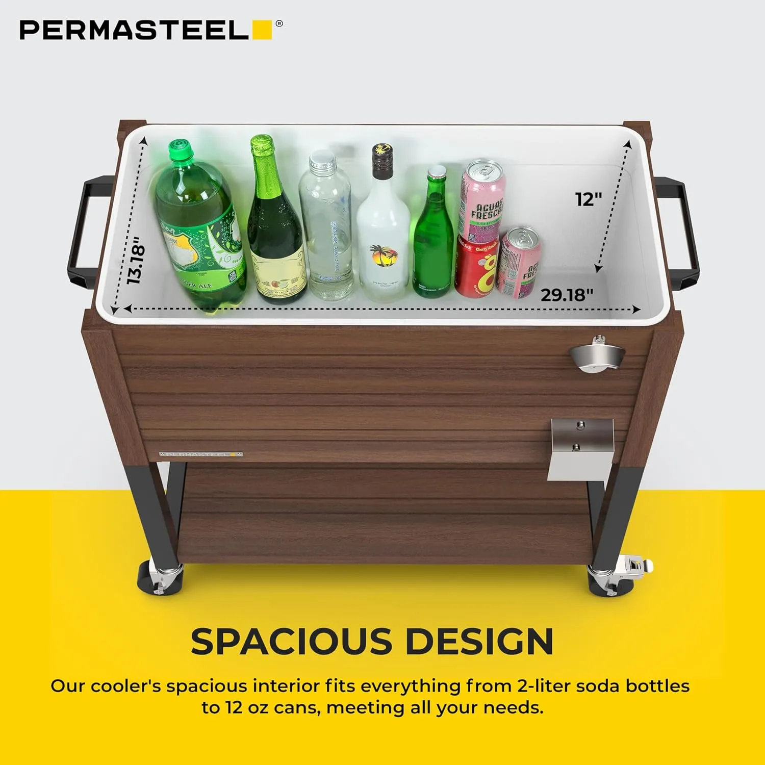 Permasteel 80-Quart Rolling Patio Cooler with Wood Grain Finish – Outdoor Beverage Cooler with Wheels & Insulated Ice Chest for Backyard, Deck, and Poolside Parties – Brown