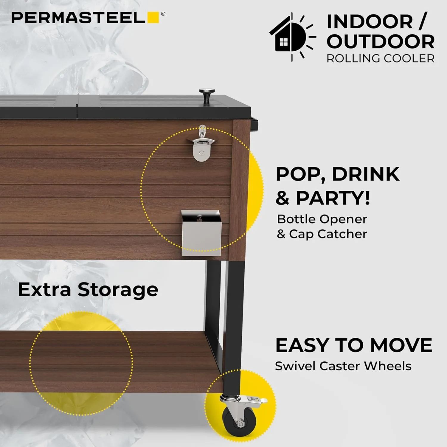 Permasteel 80-Quart Rolling Patio Cooler with Wood Grain Finish – Outdoor Beverage Cooler with Wheels & Insulated Ice Chest for Backyard, Deck, and Poolside Parties – Brown