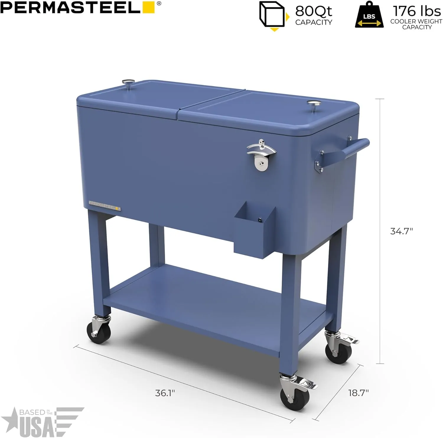 Permasteel Party Cooler with Removable Basin, Spacious 80-Qt Capacity, Rolling Ice Chest for Indoor and Outdoor Entertainment Azure   Bonus Cover