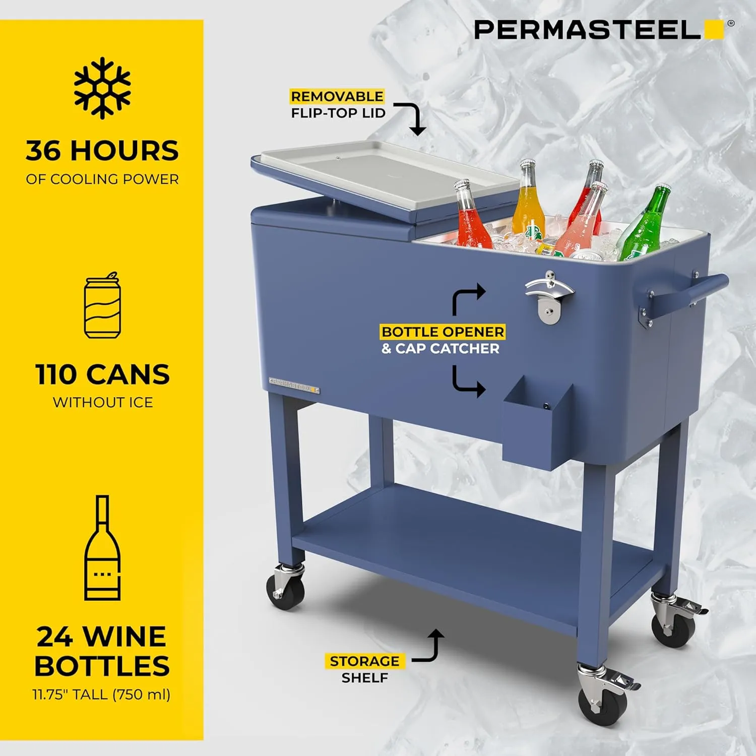 Permasteel Party Cooler with Removable Basin, Spacious 80-Qt Capacity, Rolling Ice Chest for Indoor and Outdoor Entertainment Azure   Bonus Cover