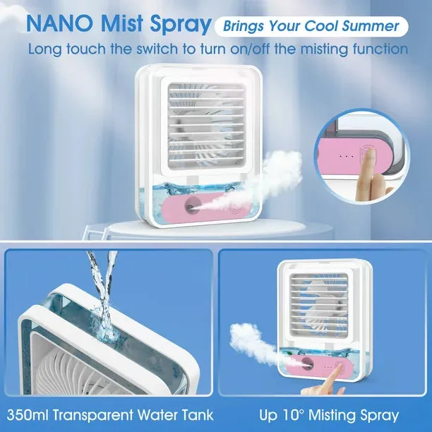 Personal Air Conditioner Fan, Portable Air Cooler with Colorful LED Light Rechargeable Spray Desk Fan for ‎Small Room, Desktop, Office, Study Room