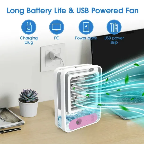 Personal Air Conditioner Fan, Portable Air Cooler with Colorful LED Light Rechargeable Spray Desk Fan for ‎Small Room, Desktop, Office, Study Room