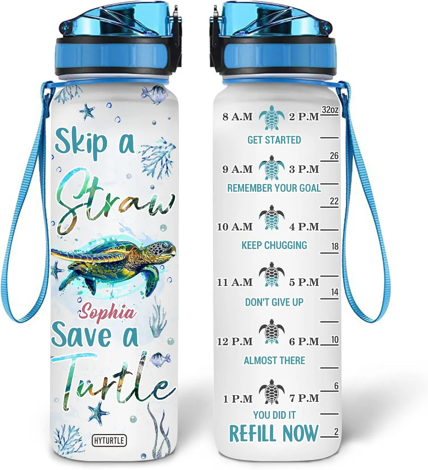 Personalized Skip A Straw Save A Turtle 32Oz 1Liter Motivational Water Bottle, Customized Name With Time Marker Gifts For Women, Man Gifts For Turtle Lovers On Birthday, Mother's Day, Any Anniversary