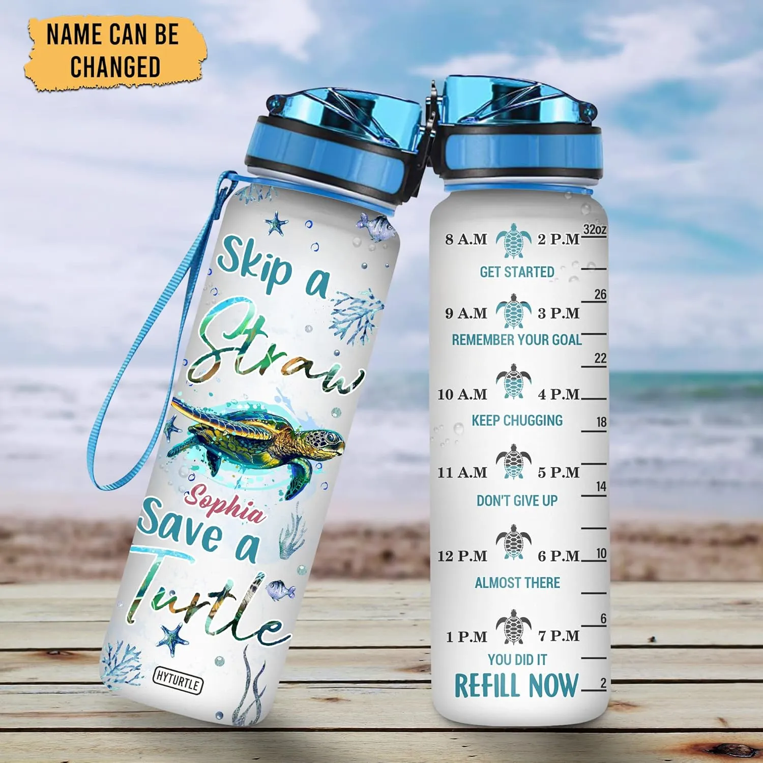 Personalized Skip A Straw Save A Turtle 32Oz 1Liter Motivational Water Bottle, Customized Name With Time Marker Gifts For Women, Man Gifts For Turtle Lovers On Birthday, Mother's Day, Any Anniversary