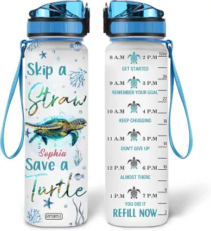 Personalized Skip A Straw Save A Turtle 32Oz 1Liter Motivational Water Bottle, Customized Name With Time Marker Gifts For Women, Man Gifts For Turtle Lovers On Birthday, Mother's Day, Any Anniversary