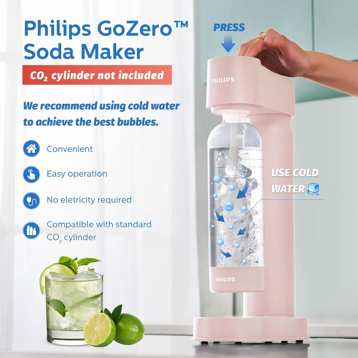 PHILIPS ADD4901PKO Sparkling Water Maker, 1L Bottle, Plastic-Pink