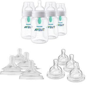Philips Avent Anti-Colic Baby Bottles with AirFree Vent, 9oz, Clear, SCY703/04 & Natural Response Baby Bottle Nipples Flow 1, 4pk, SCY961/04 & Anti-Colic Baby Bottle Flow 1 Nipple