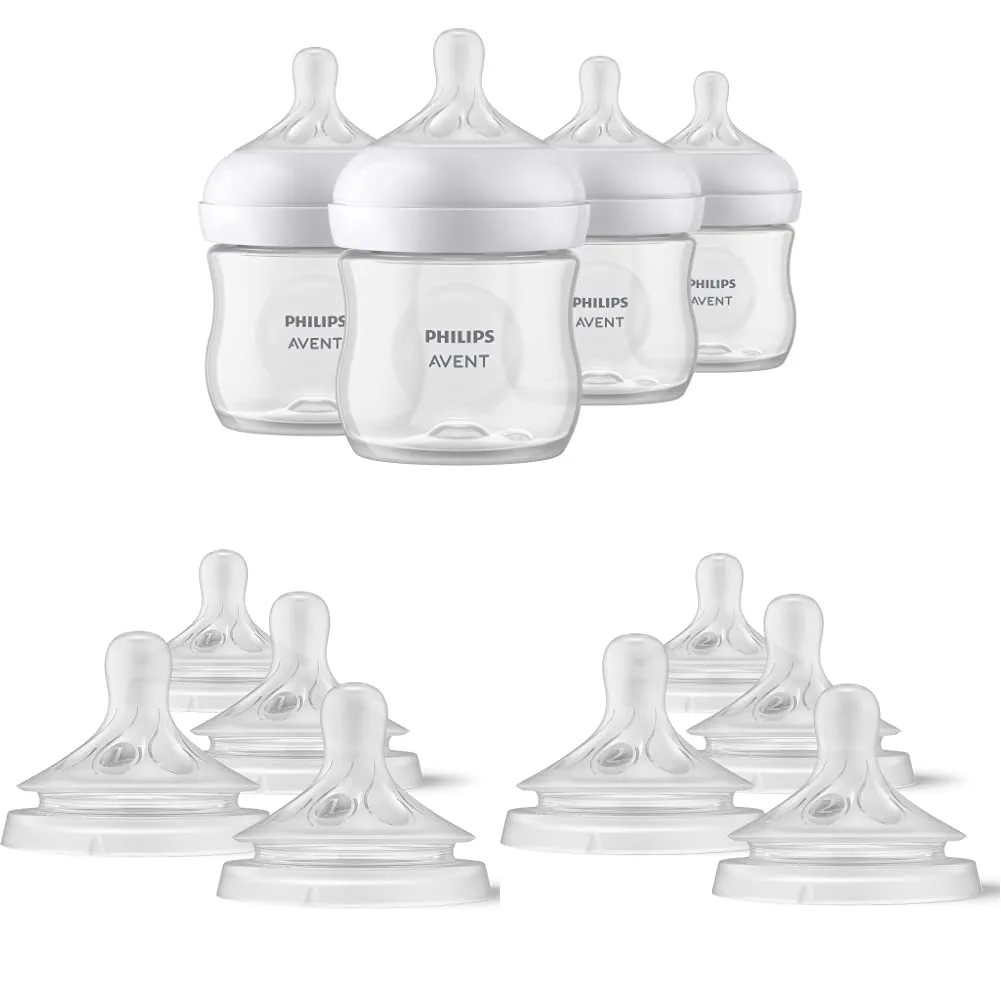 Philips AVENT Natural Baby Bottles with Natural Response Nipples, Clear, 4oz, 4pk (SCY900/04) and Natural Response Baby Bottle Nipples Flow 1, 4pk (SCY961/04) and Natural Response Baby Bottle Nipples Flow 2, 0M , 4pk (SCY962/04)