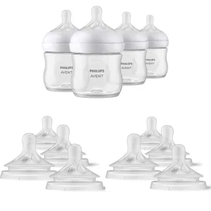 Philips AVENT Natural Baby Bottles with Natural Response Nipples, Clear, 4oz, 4pk (SCY900/04) and Natural Response Baby Bottle Nipples Flow 1, 4pk (SCY961/04) and Natural Response Baby Bottle Nipples Flow 2, 0M , 4pk (SCY962/04)