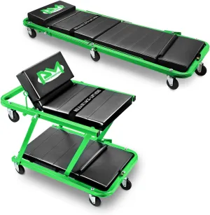 PM PERFORMOTOR 48" Folding 2 in 1 Rolling Z Creeper, Adjustable Roller Garage Chair Lay Down or Sit, 7 Pcs 2" Casters, 350 Lbs Weight Capacity, Green,PM-TOL-CPS48-GR
