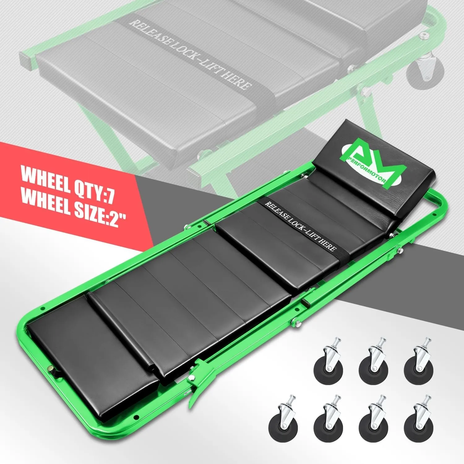 PM PERFORMOTOR 48" Folding 2 in 1 Rolling Z Creeper, Adjustable Roller Garage Chair Lay Down or Sit, 7 Pcs 2" Casters, 350 Lbs Weight Capacity, Green,PM-TOL-CPS48-GR