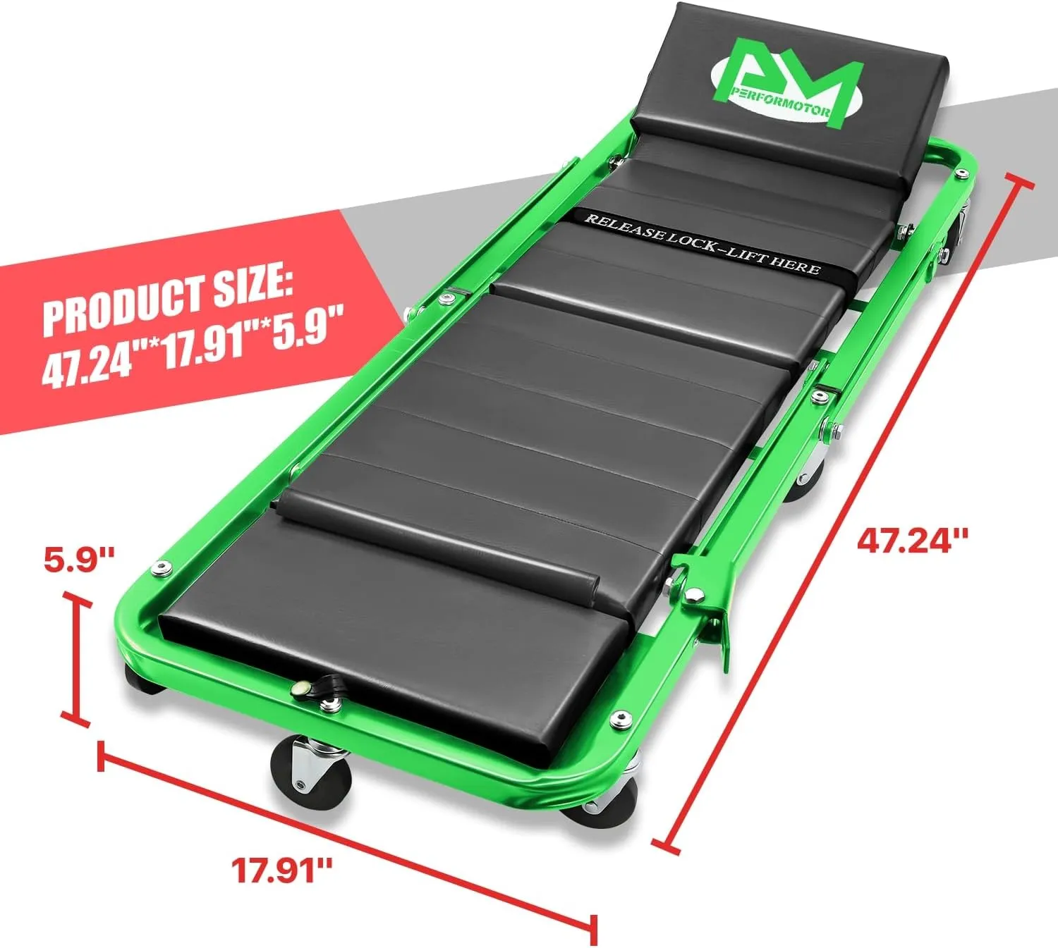 PM PERFORMOTOR 48" Folding 2 in 1 Rolling Z Creeper, Adjustable Roller Garage Chair Lay Down or Sit, 7 Pcs 2" Casters, 350 Lbs Weight Capacity, Green,PM-TOL-CPS48-GR