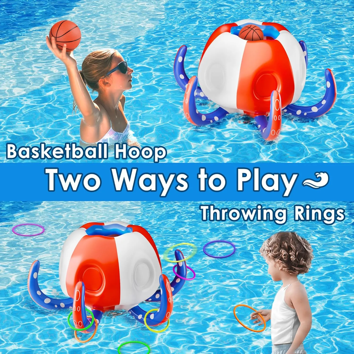 Pool Wave Kids Octopus Pool Toys, 2-in-1 Inflatable Float Water Game Basketball Hoop Ring Toss Outdoor Swimming Cool Summer Family Party Gift 3 4 5 6 7 8 Yr Old Boy Girl Child-Blue Red White