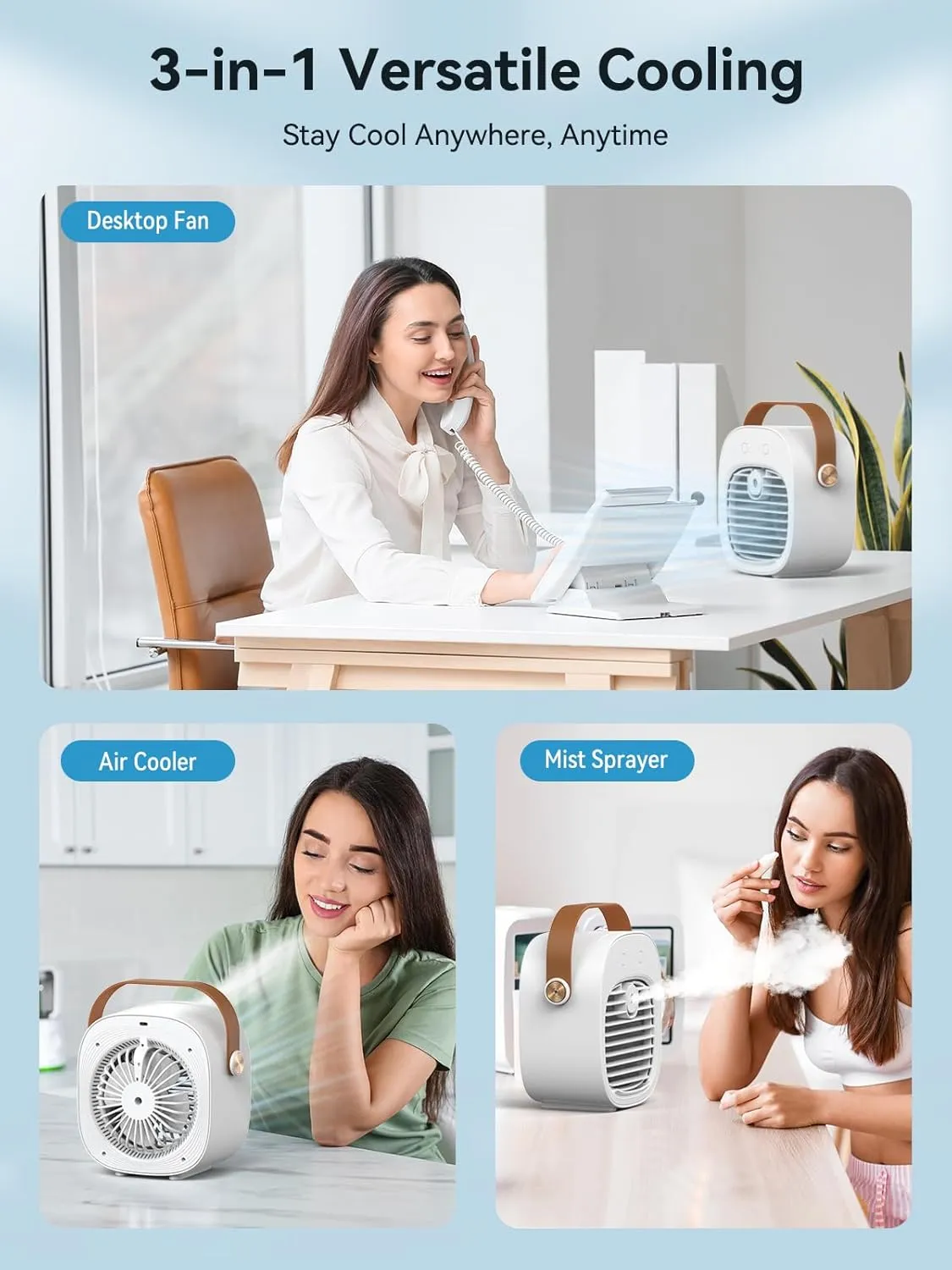 Portable Air Conditioner -5200mAh Rechargeable Mini Air Conditioner with 3 Speed Settings, 5-10 Hours Runtime,Quiet Desk Cooling Fan, Personal Air Cooler for Home, Bedroom, Travel, Office, Outdoor