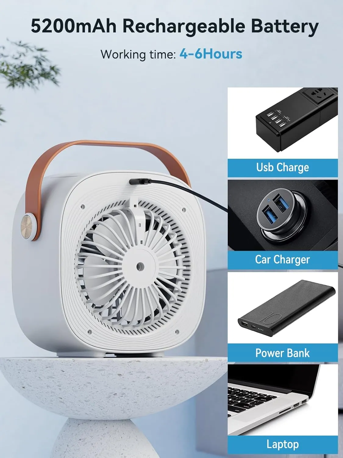 Portable Air Conditioner -5200mAh Rechargeable Mini Air Conditioner with 3 Speed Settings, 5-10 Hours Runtime,Quiet Desk Cooling Fan, Personal Air Cooler for Home, Bedroom, Travel, Office, Outdoor