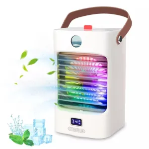 Portable Air Conditioner, Rechargeable Mini Evaporative Desk Cooler Fan with Auto-Rotating 7-Color LED Light for Home Office Outdoor Campaign