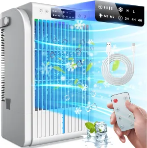 Portable Air Conditioners Fan,Portable AC Unit With 1500ML Water Tank,4-IN-1 Evaporative Air Cooler with Remote Control 7 Color Light Personal Mini Air Conditioner Portable for Room Car (White)