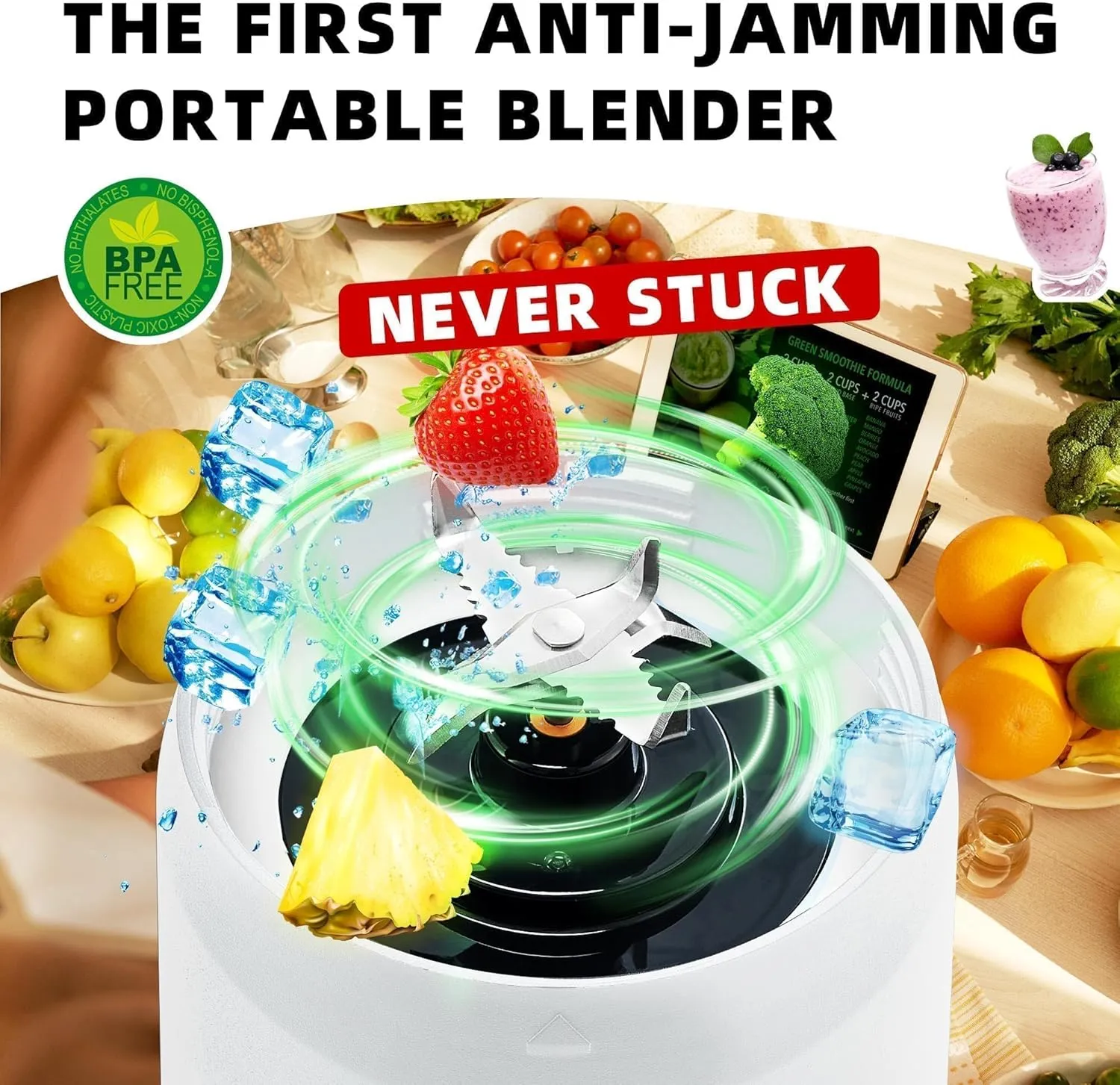 Portable Blender for Smoothies and Shakes, Anti-Jamming, 24oz USB-C Rechargeable, BPA-Free, Electric Protein Shaker Bottle with Travel Lid for Kitchen, Gym & Office. (White Base Green Lid)