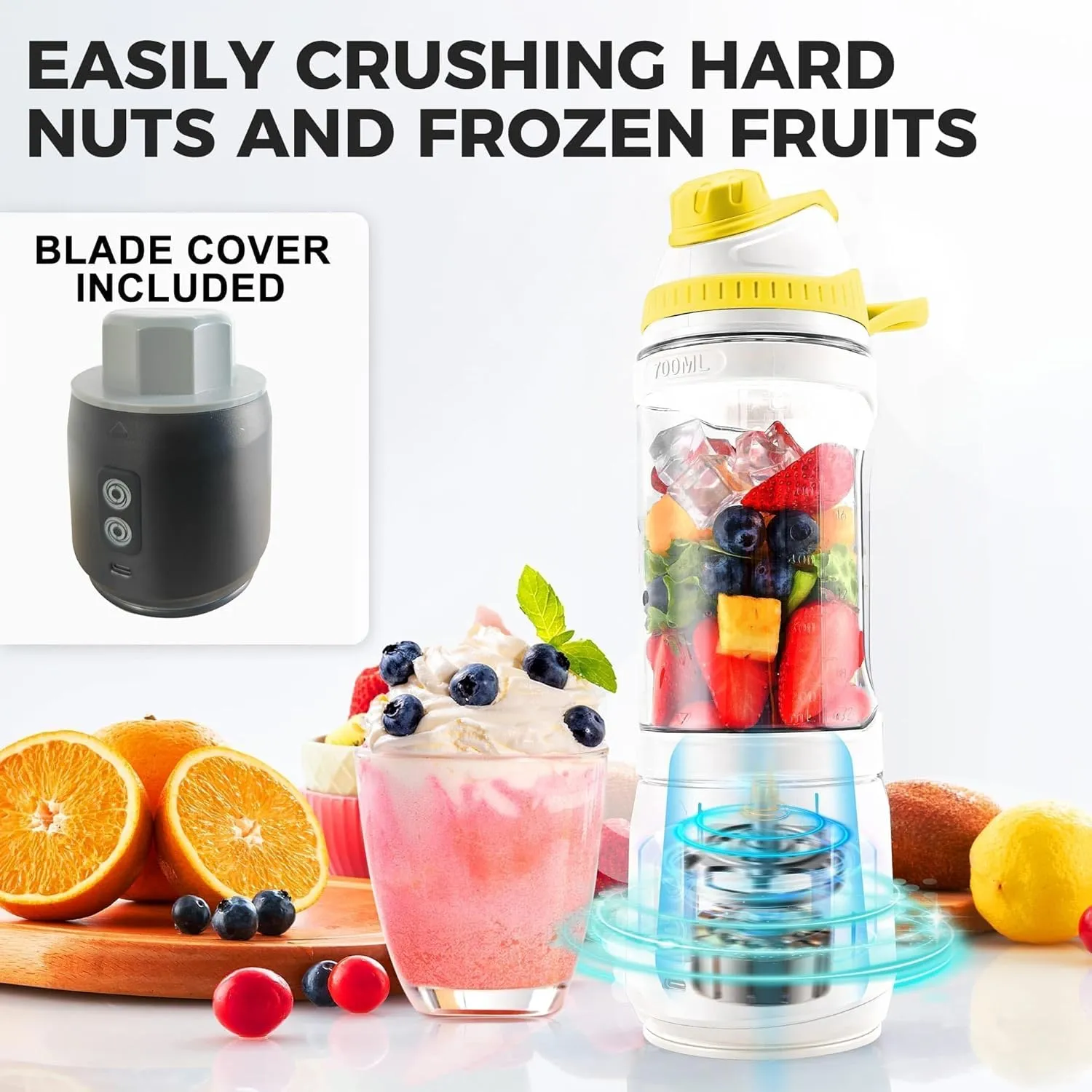 Portable Blender for Smoothies and Shakes, Anti-Jamming, 24oz USB-C Rechargeable, BPA-Free, Electric Protein Shaker Bottle with Travel Lid for Kitchen, Gym & Office. (White Base Green Lid)