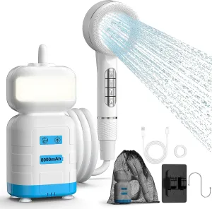Portable Camping Shower for Outdoors, 8000mAh Rechargeable Camp Shower Kit with Camping Light, 3 Spray Modes, IPX7 Waterproof Camping Shower Pump for Indoor Outdoor Camping Hiking, Beach, Car, Pet