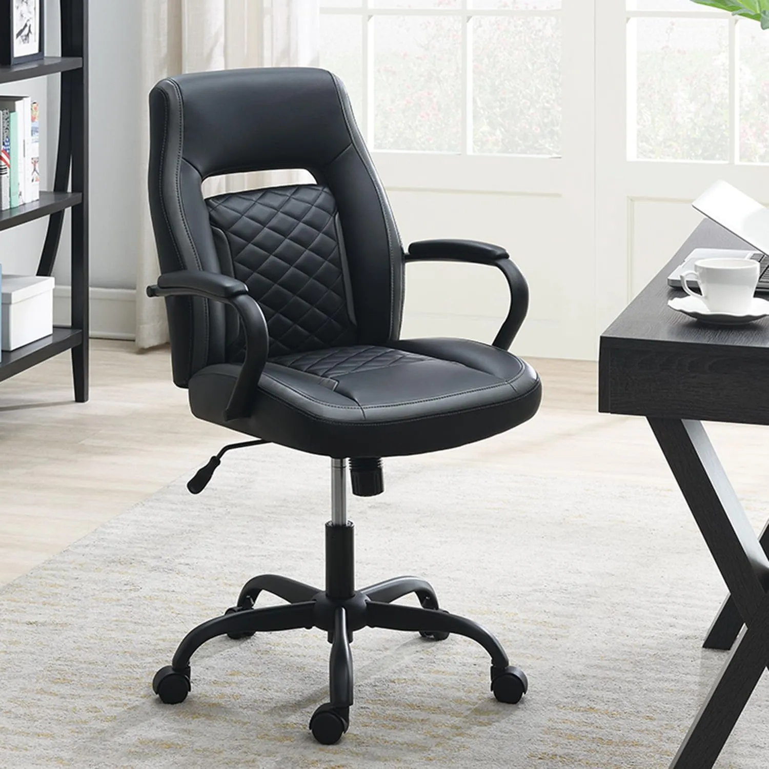 Poundex Upholstered Office Chair with Padded Armrests in Black and Grey
