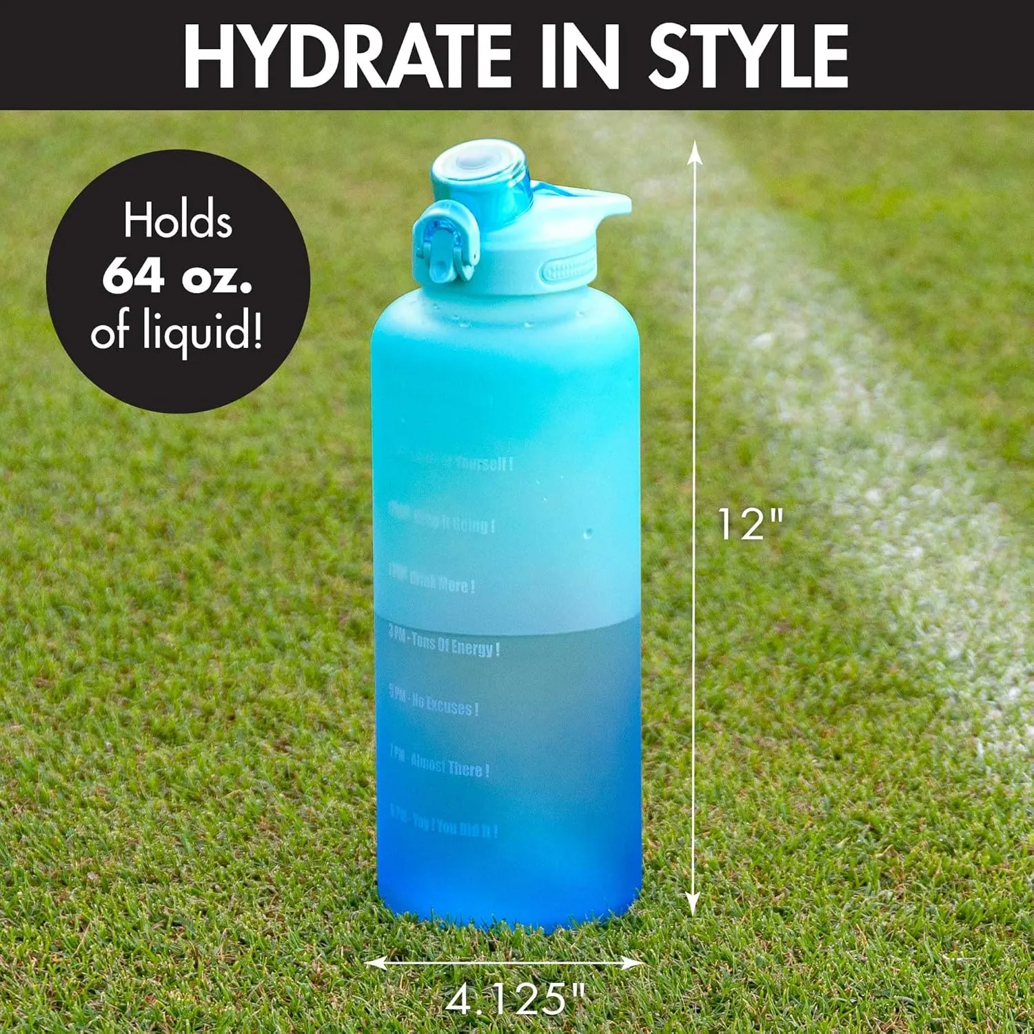 Primula Half Gallon Motivational Time Marker & Straw-Leakproof Plastic Big 2L Water Bottle for Women Men Large Jug for Fitness Gym Outdoor Sports, 64 Ounce, Blue Ombre