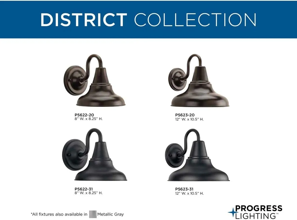 Progress Lighting P5622-20 District Collection 1-Light Farmhouse Outdoor Wall Lantern Light, Antique Bronze, 8" W x 8-1/4" H