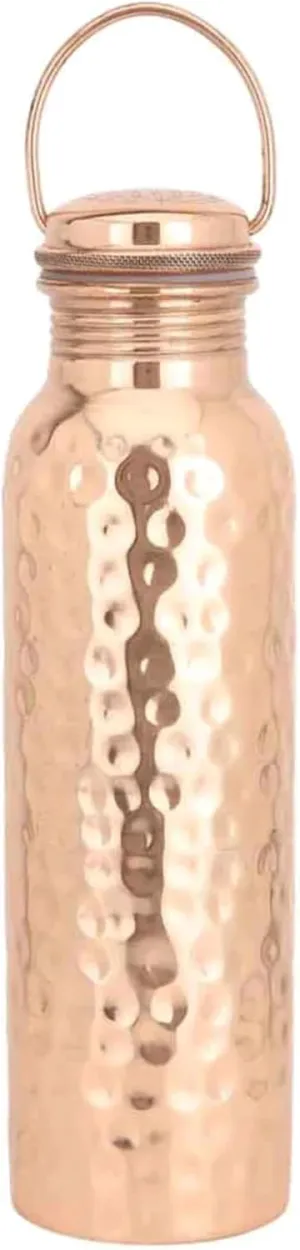 Pure Copper Hammered Water Bottle With Carrying Handle 600 ml - 20.28 Fluid Ounce | Food Grade Silicone Seal, For Sports, Travel and School BPA - Free Sports Water Bottle