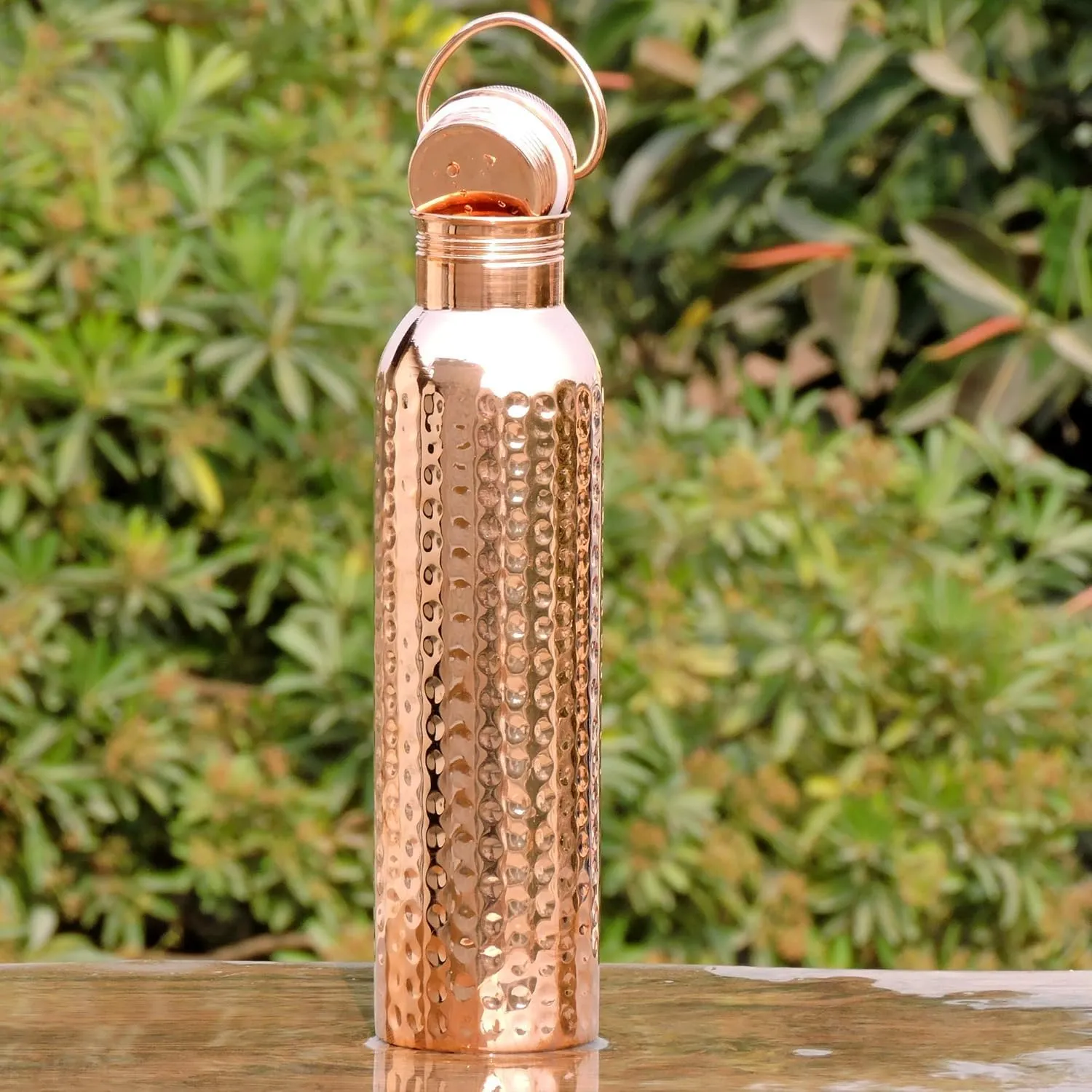 Pure Copper Hammered Water Bottle With Carrying Handle 600 ml - 20.28 Fluid Ounce | Food Grade Silicone Seal, For Sports, Travel and School BPA - Free Sports Water Bottle
