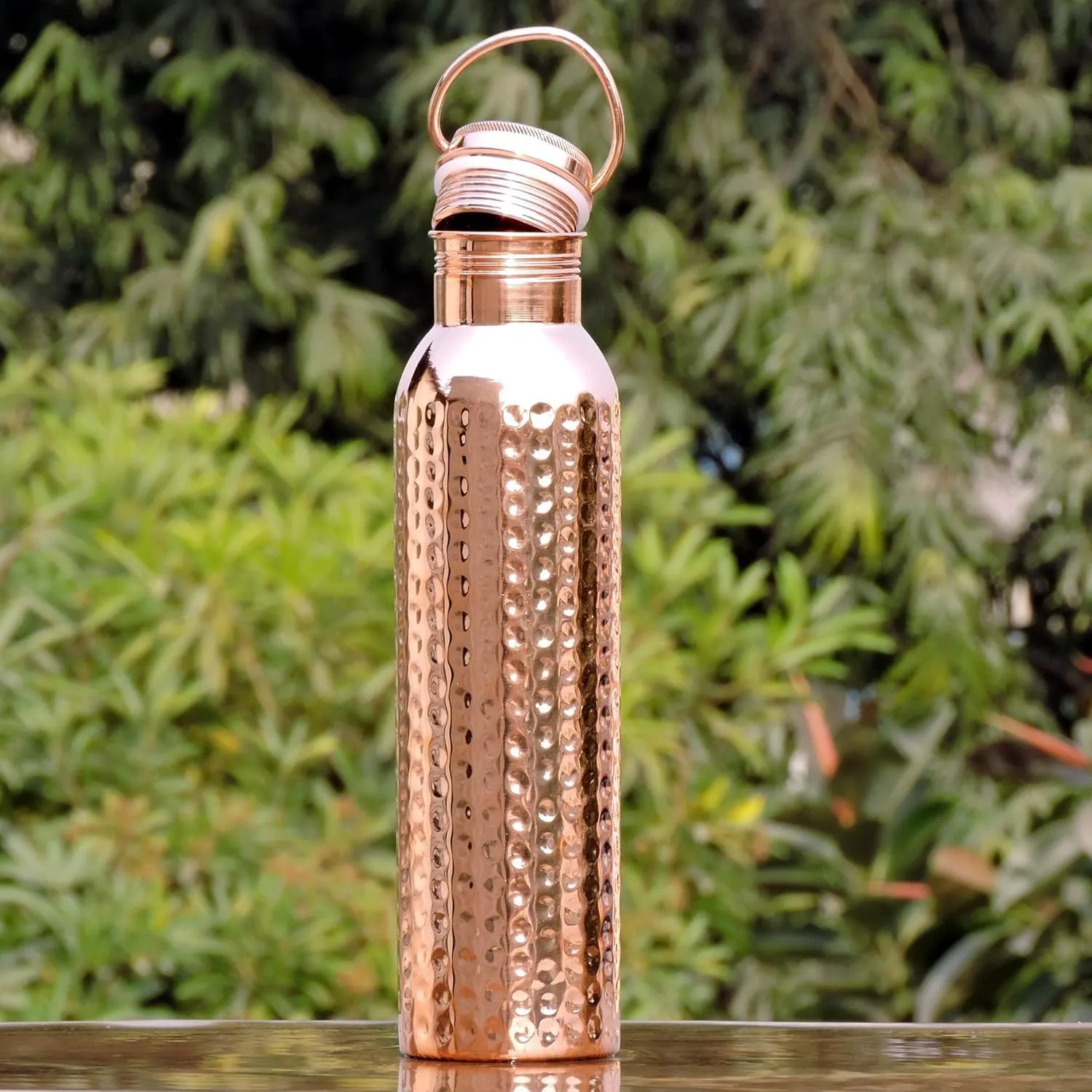 Pure Copper Hammered Water Bottle With Carrying Handle 600 ml - 20.28 Fluid Ounce | Food Grade Silicone Seal, For Sports, Travel and School BPA - Free Sports Water Bottle