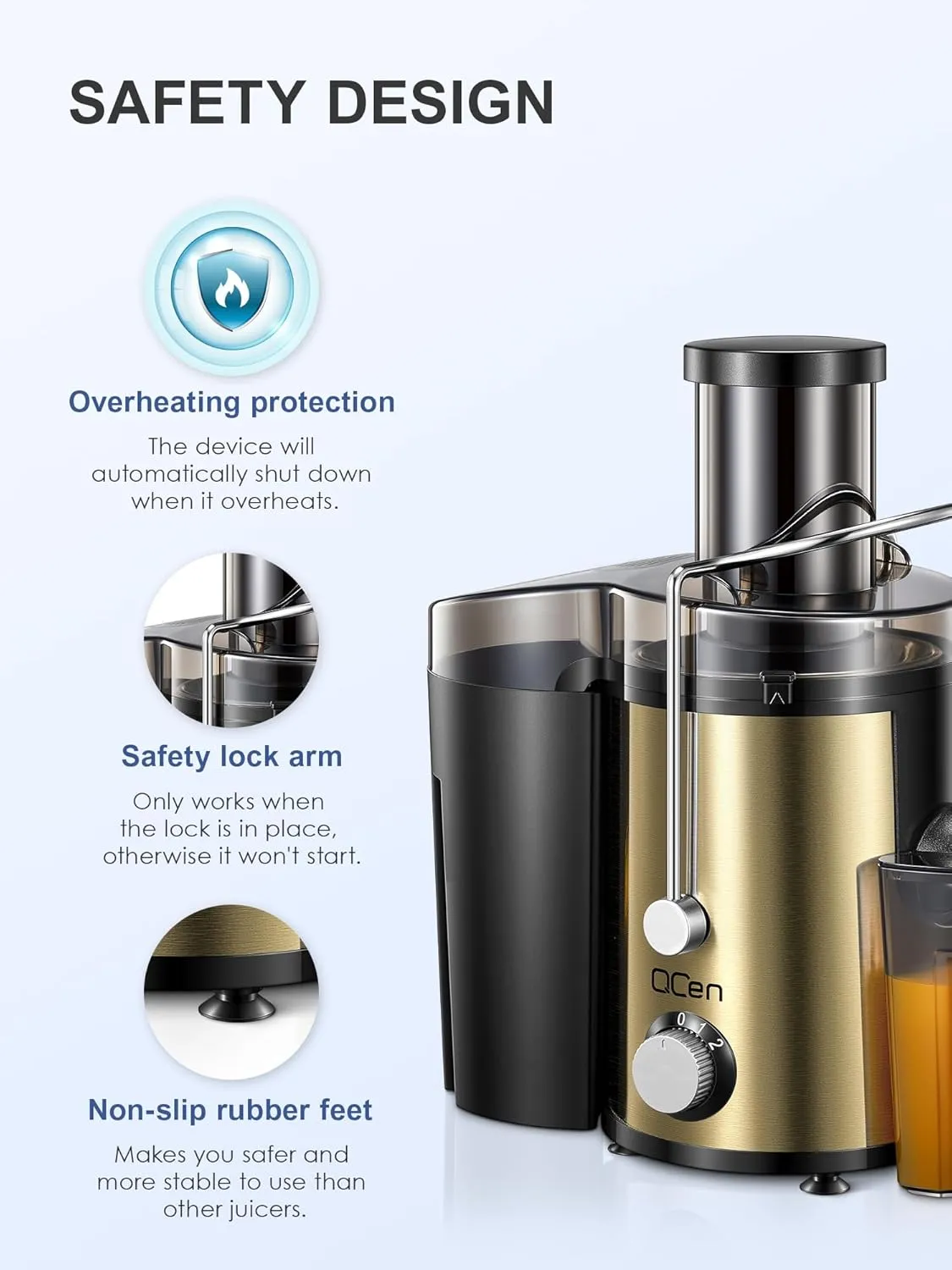 QCen Juicer Machine, 800W Centrifugal Juicer Extractor with Wide Mouth 3” Feed Chute for Fruit Vegetable, Easy to Clean, Stainless Steel, BPA-free (Gold)