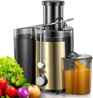QCen Juicer Machine, 800W Centrifugal Juicer Extractor with Wide Mouth 3” Feed Chute for Fruit Vegetable, Easy to Clean, Stainless Steel, BPA-free (Gold)