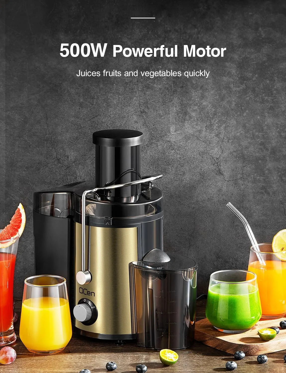 QCen Juicer Machine, 800W Centrifugal Juicer Extractor with Wide Mouth 3” Feed Chute for Fruit Vegetable, Easy to Clean, Stainless Steel, BPA-free (Gold)